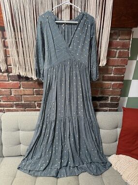 Anthropologie Slate Blue Maxi Dress with Gold Dot Print